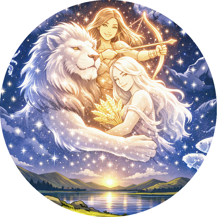 Die Sternzeichen: Die Jungfrau, der Löwe und die Schützin.